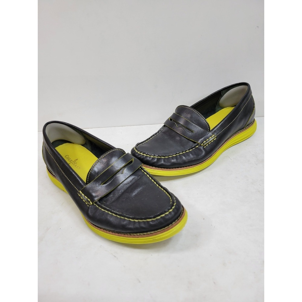 Cole Haan LunarGrand Women's Penny Loafers Black Leather Volt Yellow Size 7B - Picture 2 of 9